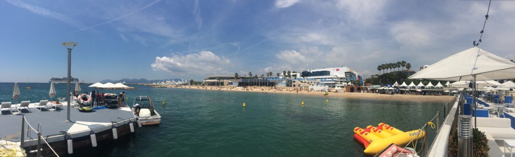 View of the Palais des Festivals and surrounds from the fabulous Facebook “Hacker’s Square” pier and beach.